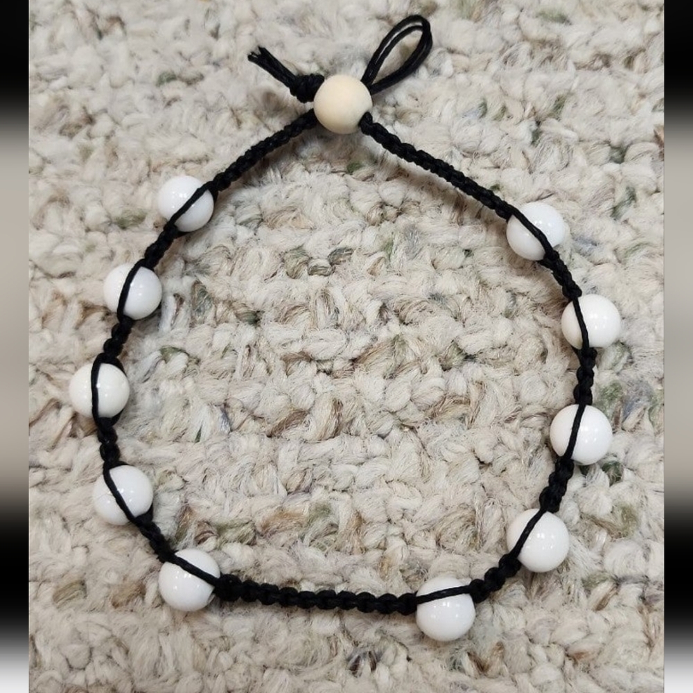 White Shell Bead and Black Hemp Anklet